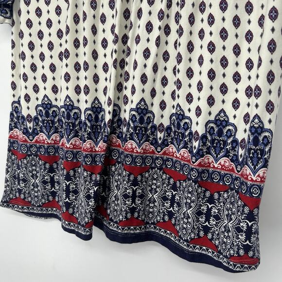 One World Boho Top Cream Blue Short Flutter Sleeve Mixed Pattern Split Neck Sz L - Picture 4 of 9